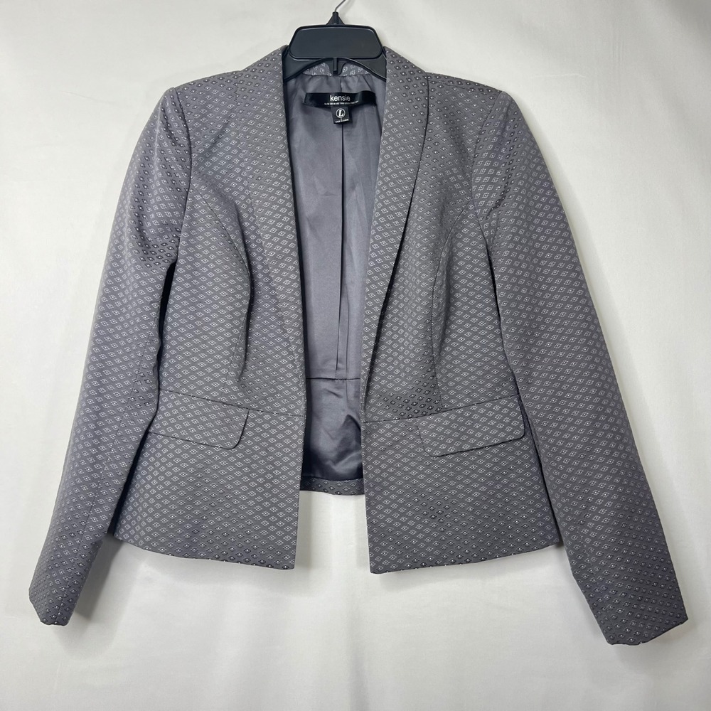 Kensie Gray Geometric Blazer Women L Open Front Peplum Corporate Goth Office